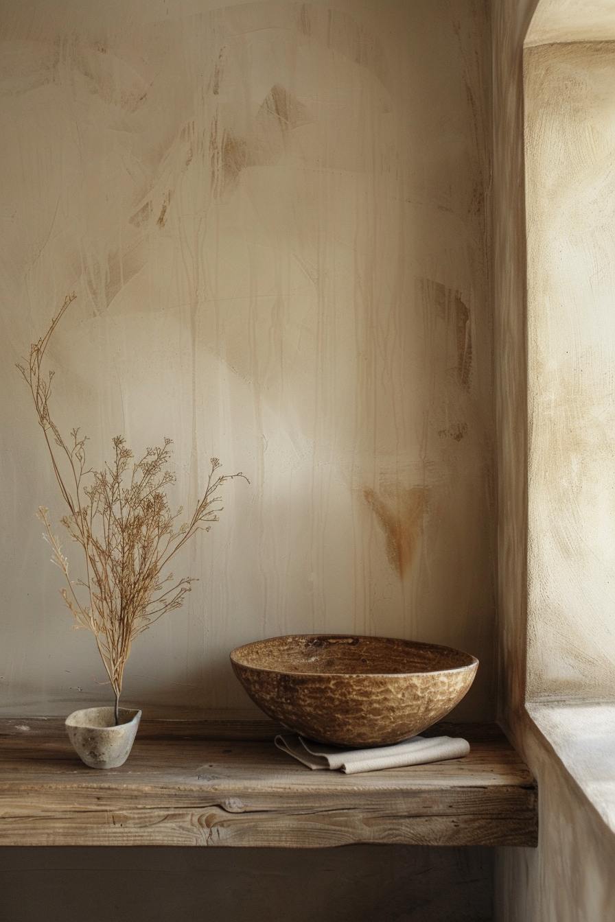 Rustic interior with a dried plant in a small bowl and a larger bowl on a wooden shelf against a textured cream wall.