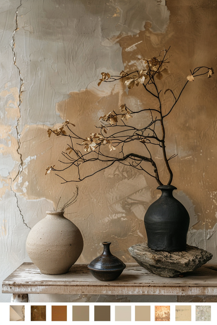 A rustic still life featuring three ceramic vases on a wooden shelf with dried flowers in the largest, against a textured beige wall.