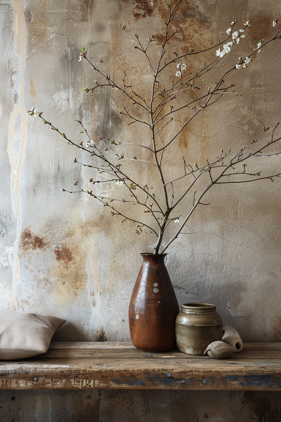 A rustic vase with budding branches on a wooden bench, accompanied by a small jar and cushion, against a textured wall.