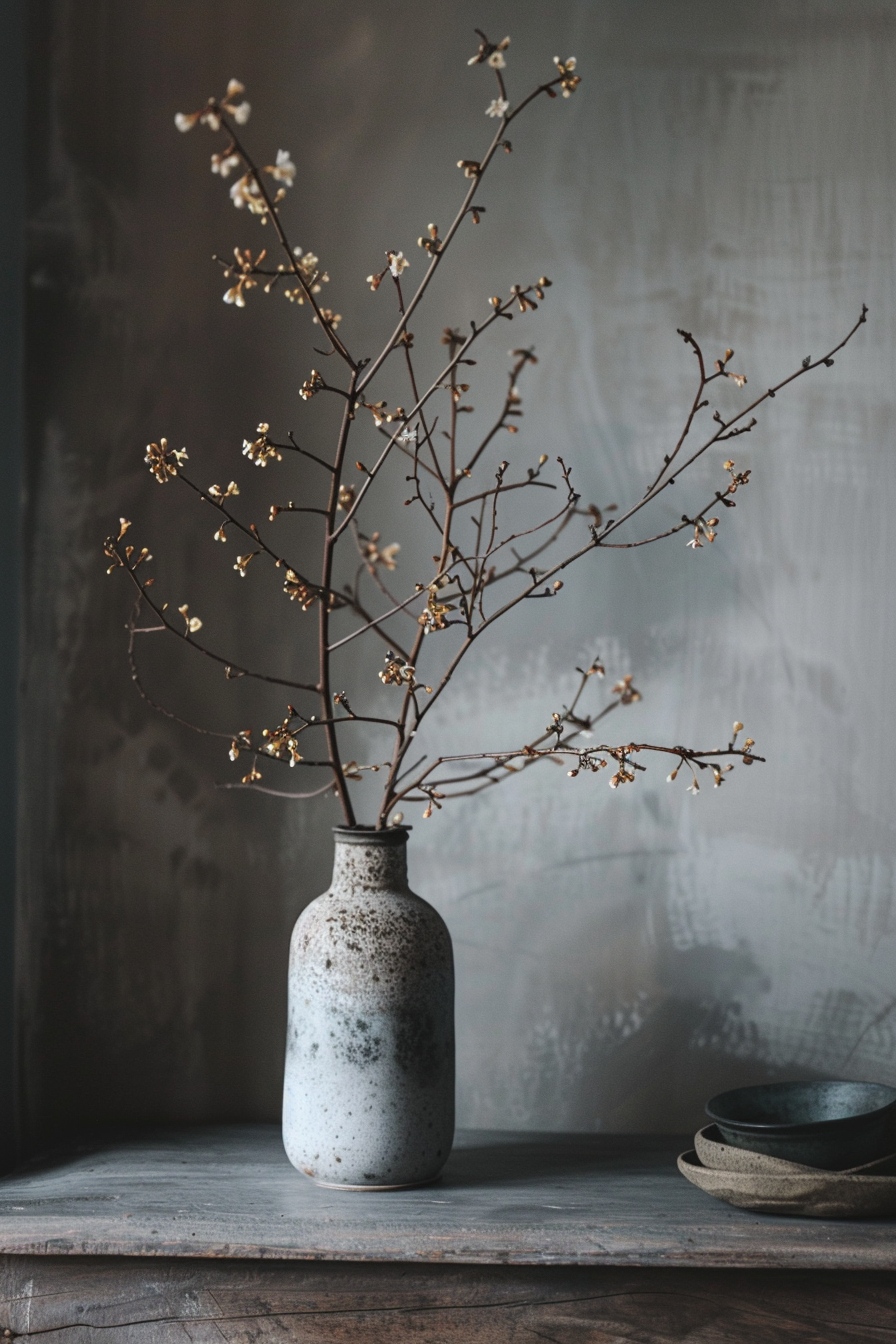 A ceramic vase with delicate branches of tiny blooming flowers on a wooden table against a moody, textured gray background.