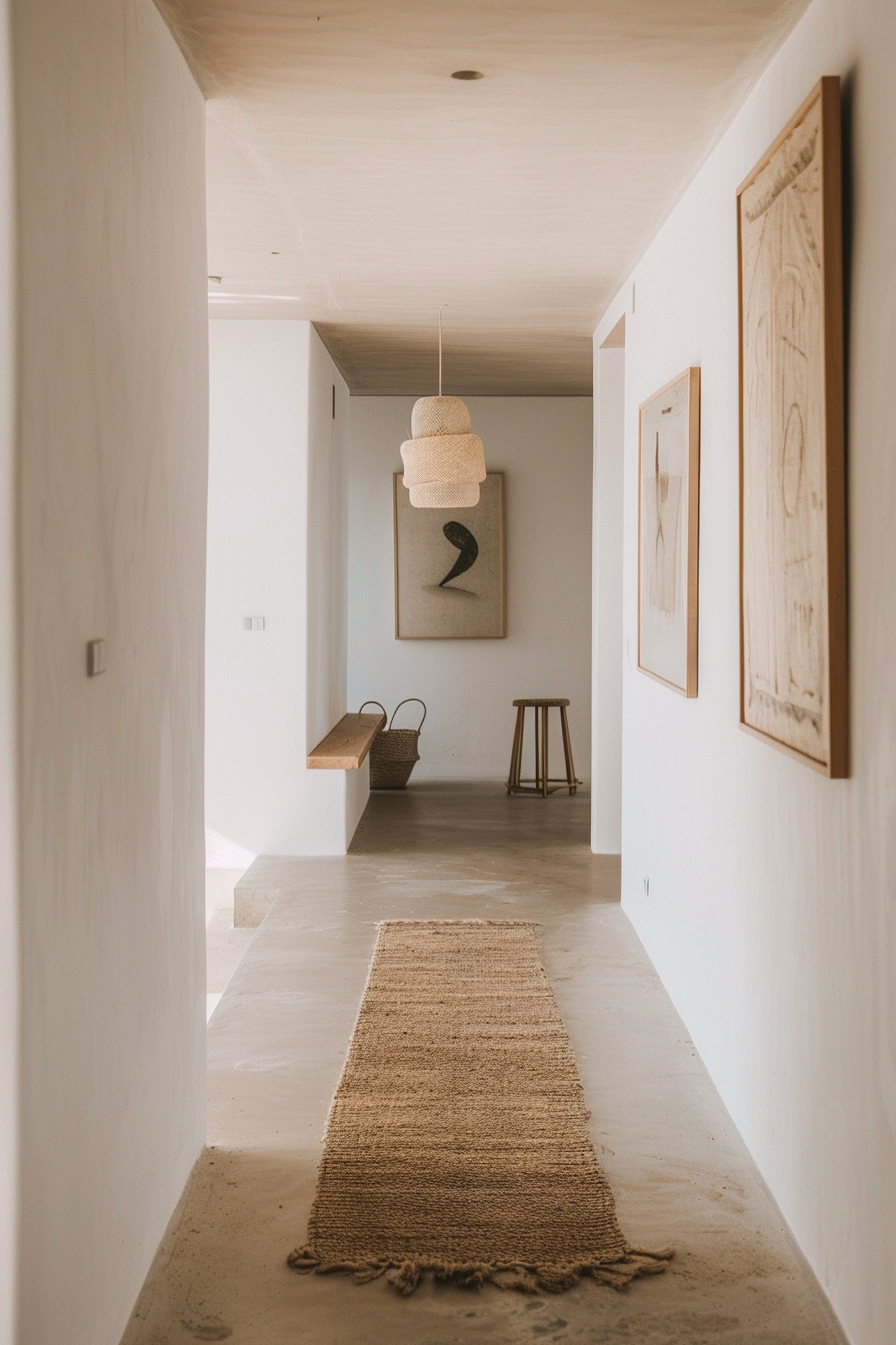 Minimalist hallway with woven pendant light, jute rug, wooden bench, and framed abstract artwork on the walls.