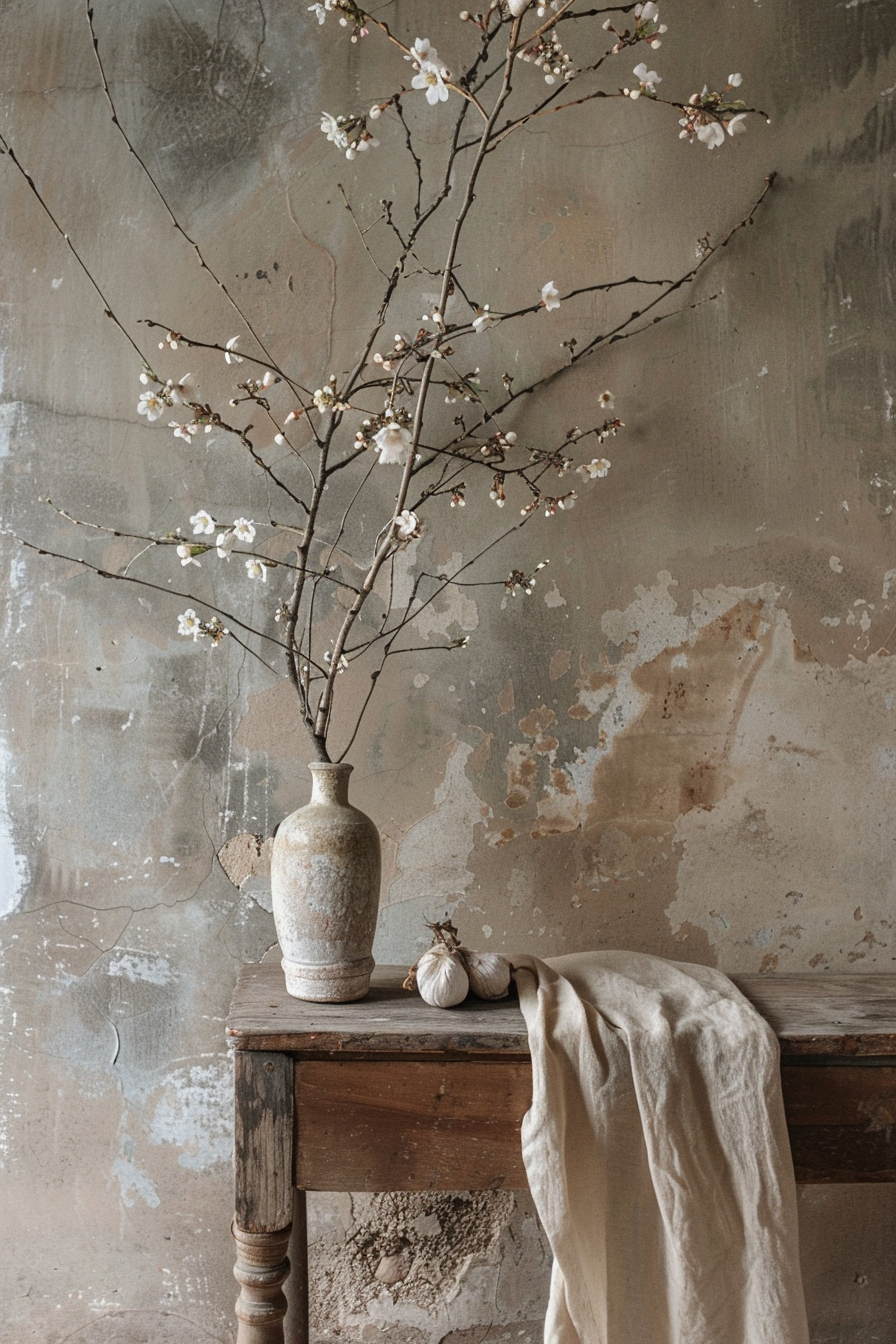 A rustic ceramic vase with cherry blossoms on an old wooden table against a distressed wall, with a draped linen cloth and garlic bulbs.