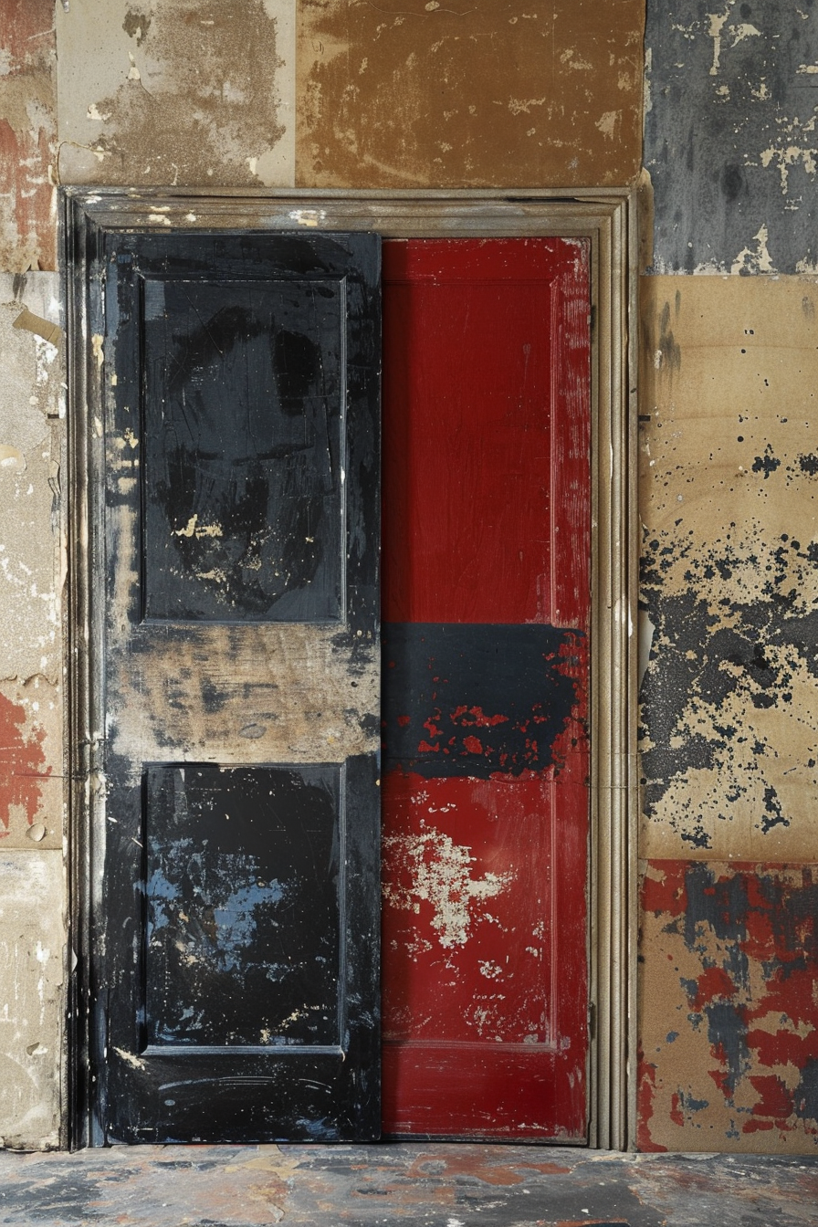 A weathered door with peeling black and red paint set in a wall with patchy, decaying wallpaper.