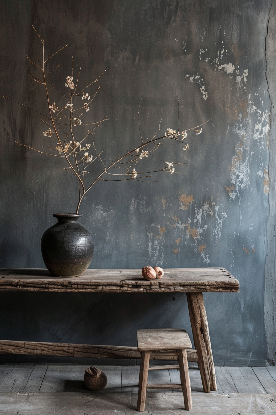 A rustic wooden table and stool with a dark ceramic vase holding dried branches against a textured grey wall.