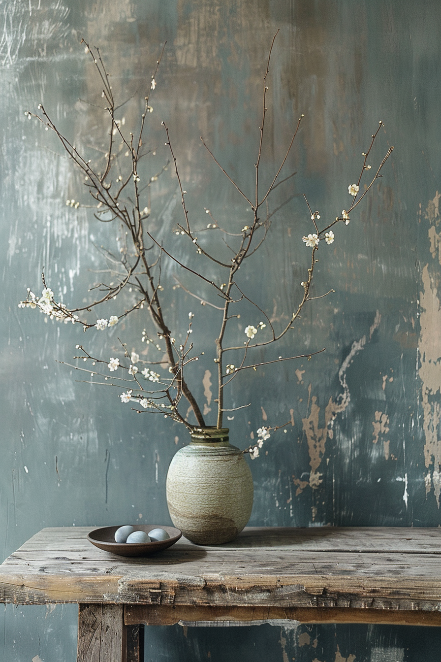 A serene composition with a vase of cherry blossoms on a weathered table against a distressed blue wall and a bowl with stones beside it.