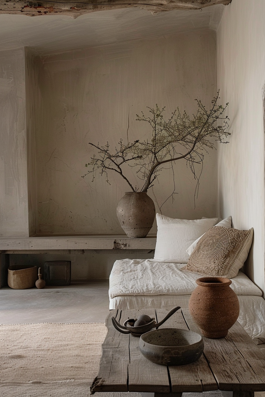 ALT: A rustic bedroom with a white bed, a large pottery vase with branches, and wooden decor on a textured carpet.