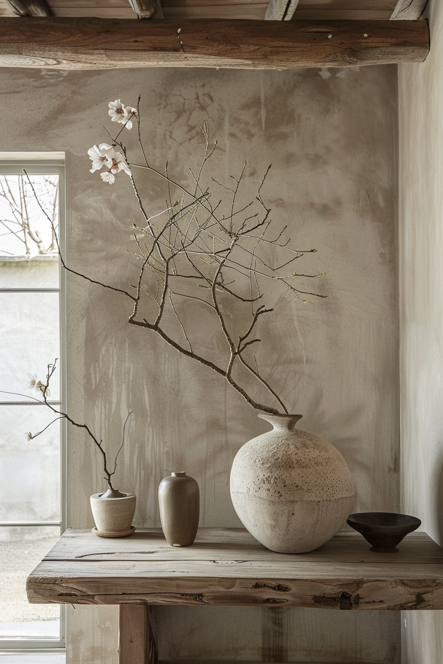 ALT: A serene corner with a rustic wooden shelf displaying a large speckled vase with bare branches, flanked by smaller vases and a bowl.