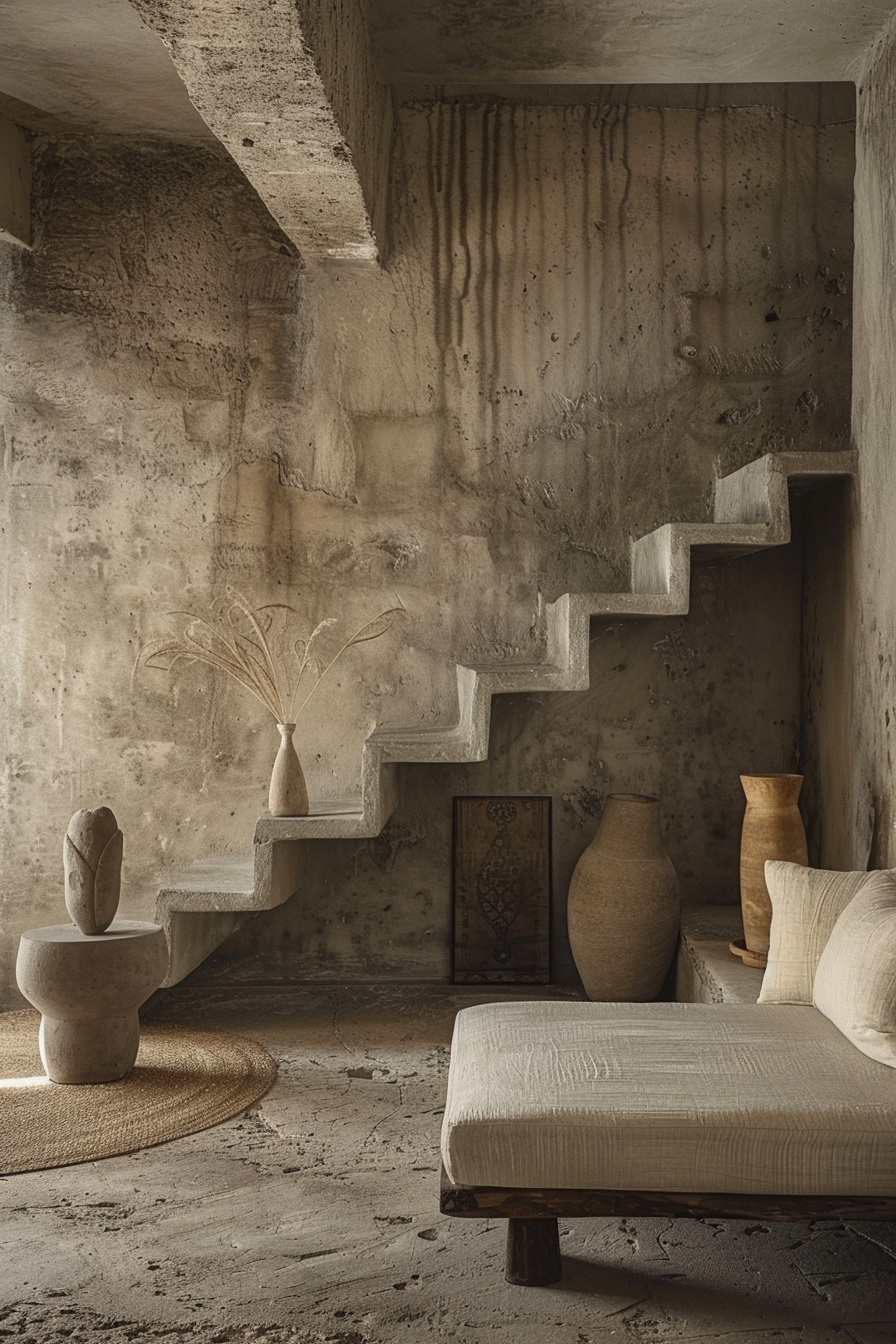A rustic room with textured walls, a concrete staircase, and artisan decor including vases, sculptures, and a daybed with cushions.