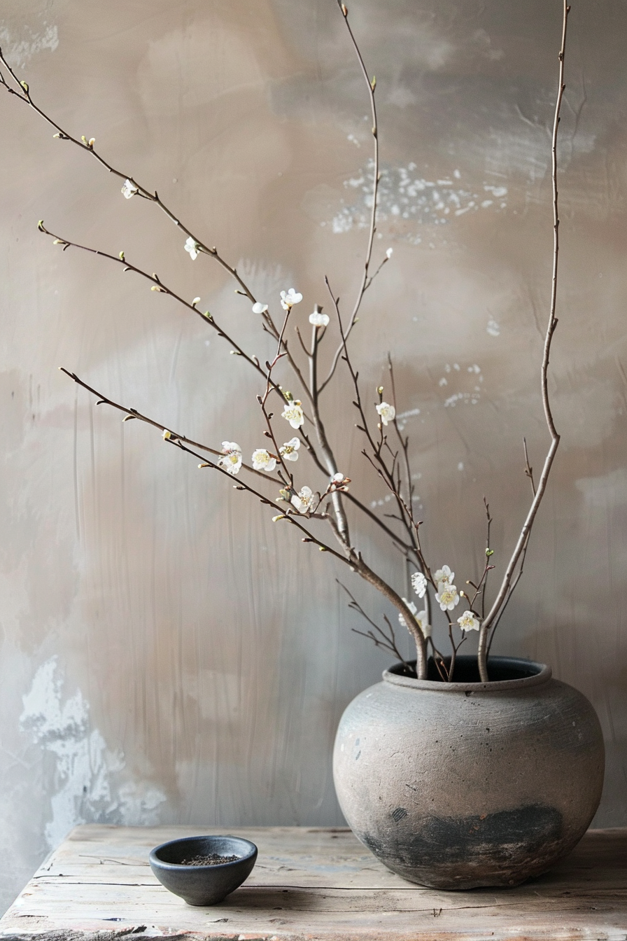 A rustic pottery vase with delicate branches bearing white blossoms on a wooden surface against a textured grey wall.