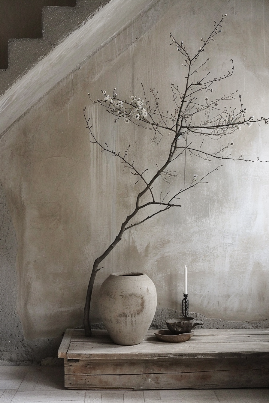 A rustic still life with a bare branch in a large urn, a lit candle, and a bowl on a wooden platform against a textured wall.