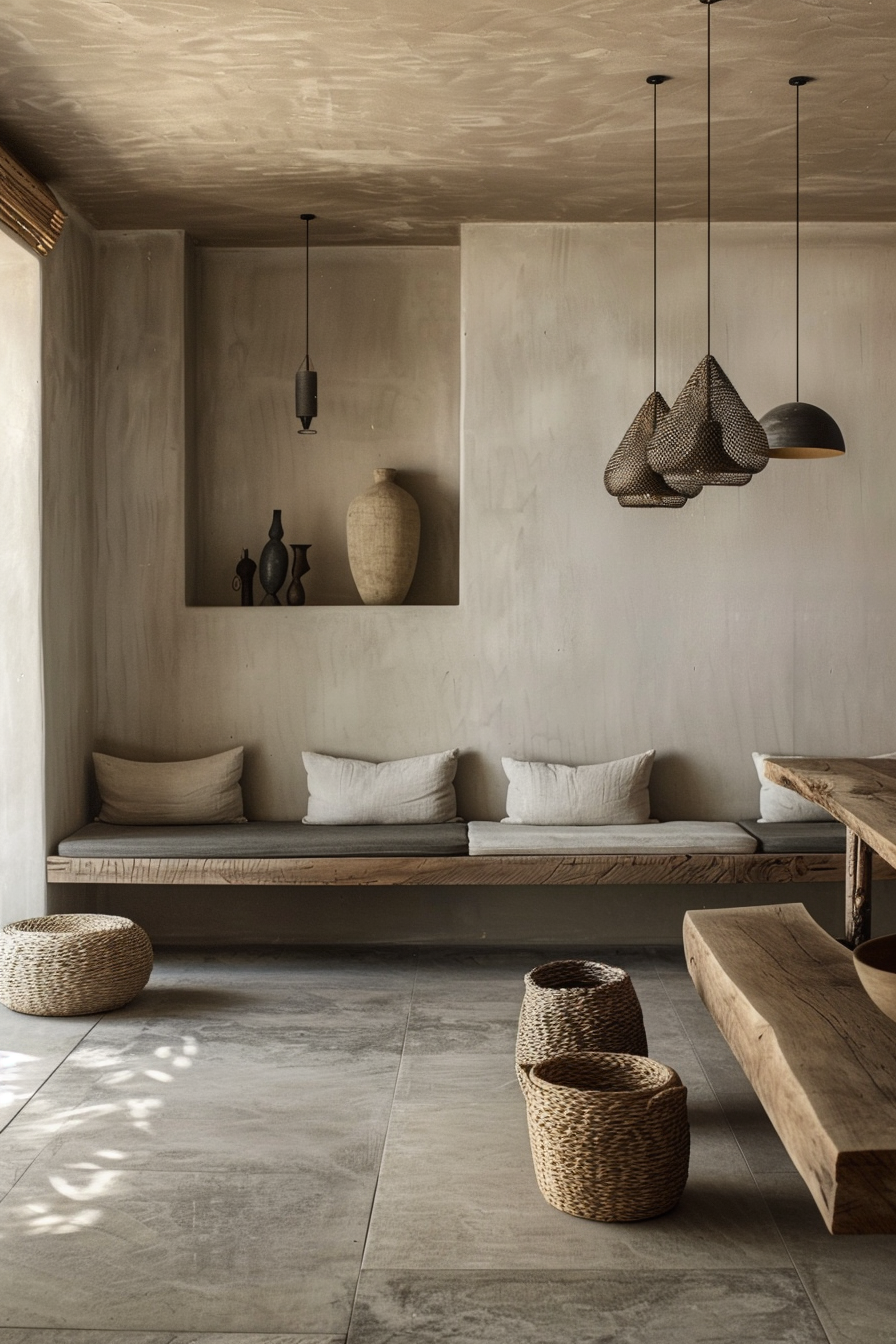 A minimalist room with earth-tone decor, featuring a built-in bench with cushions, rustic wooden table, wicker baskets, and unique pendant lights.