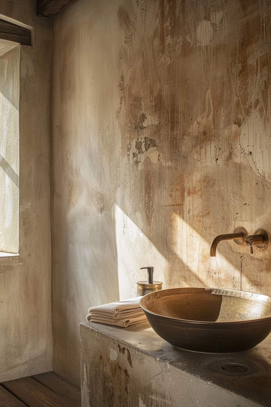 A rustic bathroom corner with a bronze basin, brass faucet, and folded towels illuminated by warm sunlight through a window.