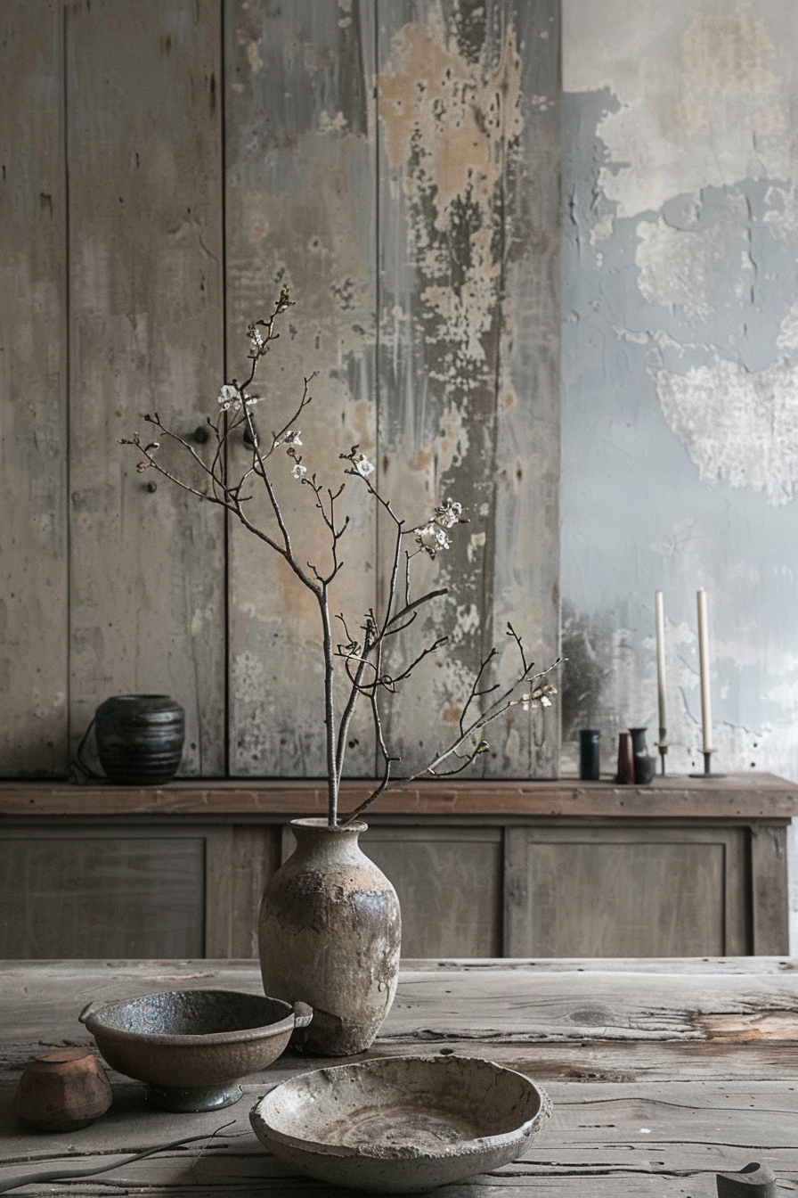 A rustic vase with branches bearing small blossoms on a weathered wooden table, flanked by pottery bowls, against a distressed wall.