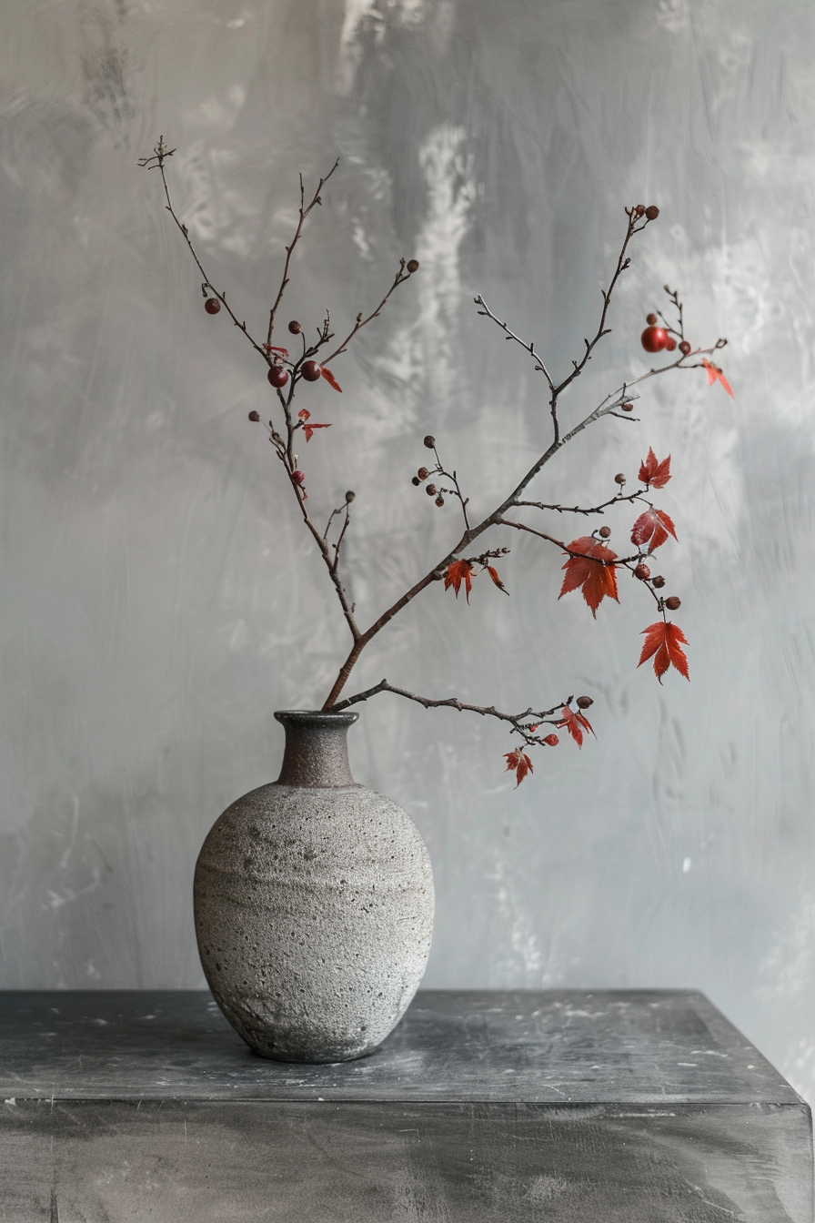 A textured ceramic vase with delicate branches and red leaves on a grey table against a mottled grey background.
