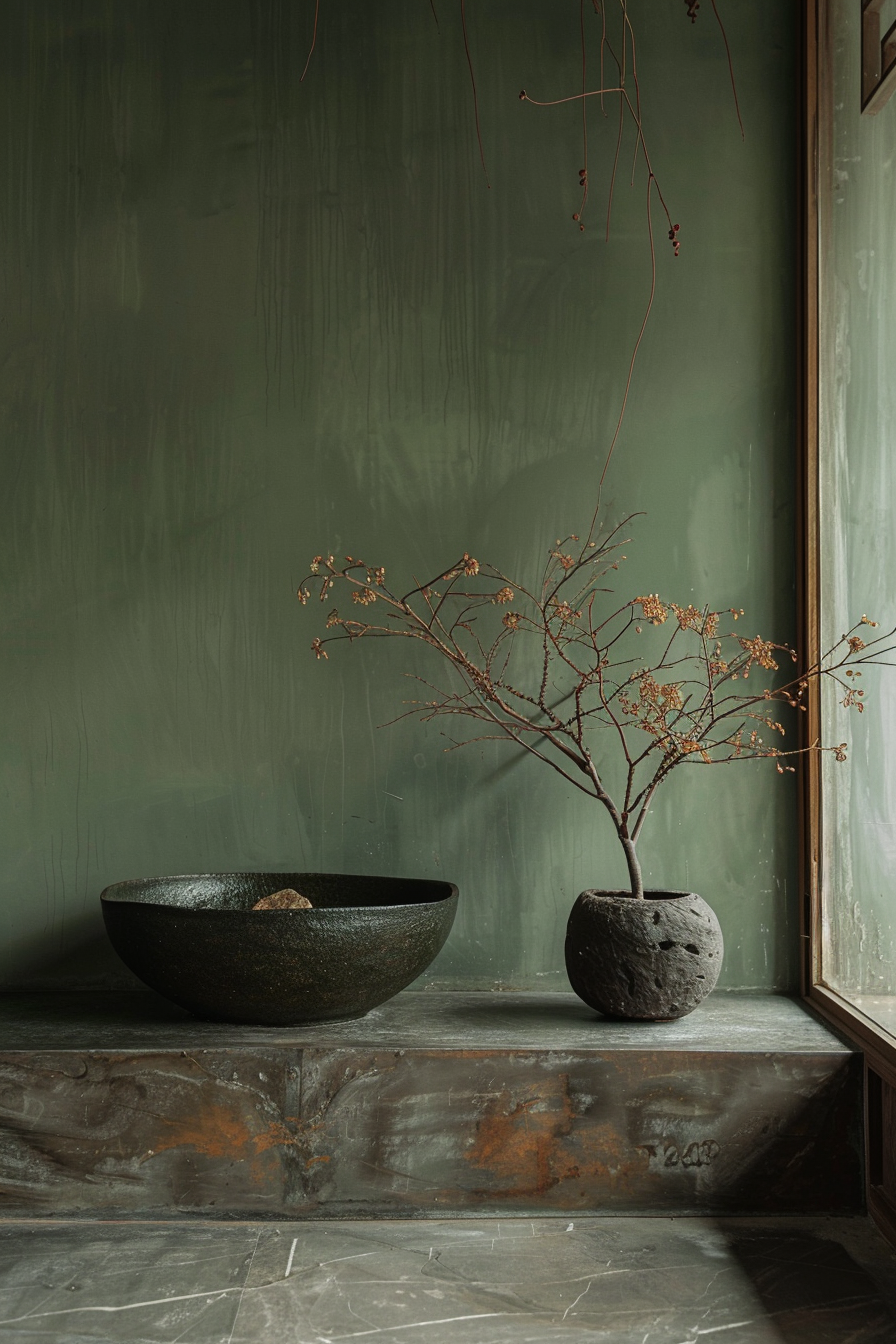 A serene corner with a stone bowl and a delicate dried plant in a textured vase against a green textured wall.
