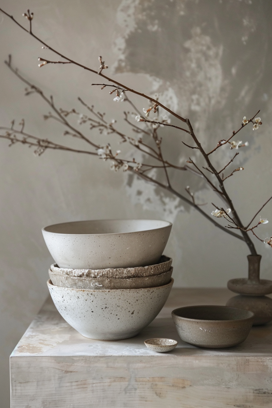 Stacked ceramic bowls in neutral tones on a marble countertop with a delicate branch of blossoming flowers against a textured wall.