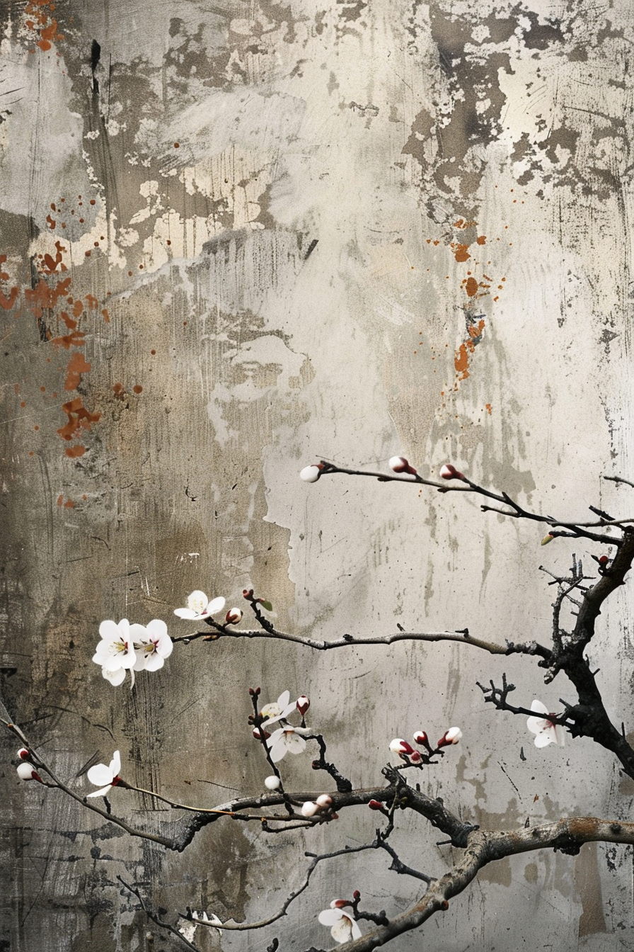 ALT text: "Artistic rendering of delicate white blossoms on dark branches set against a textured grey backdrop with splashes of orange."