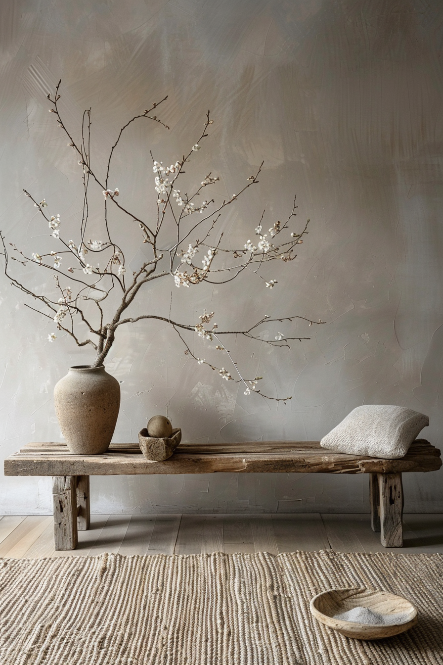 Rustic wooden bench with a large vase and flowering branches beside a woven bowl, set against a textured grey wall on a beige rug.