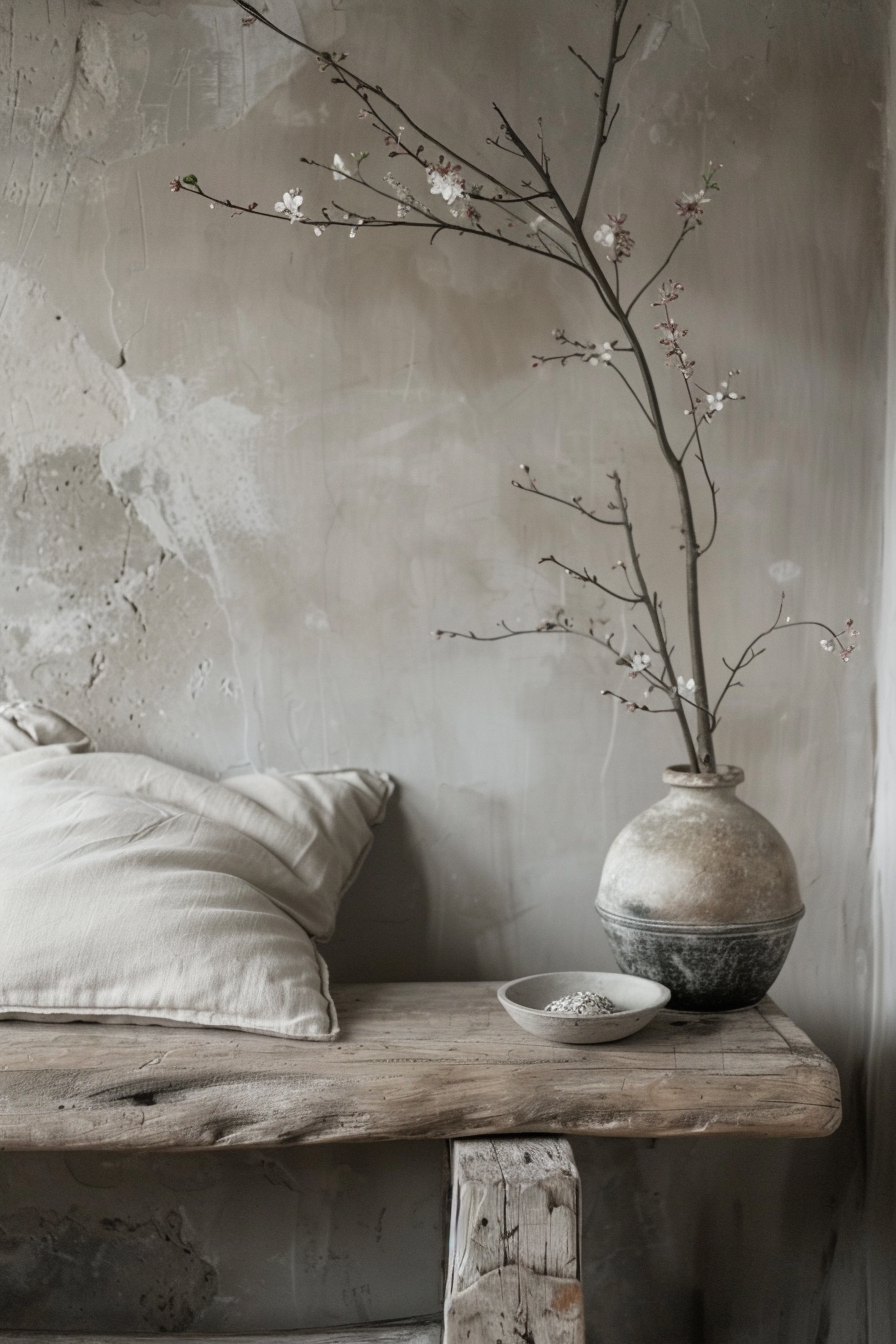 Rustic wooden bench with a cushion, a ceramic vase with blossoming branches, and a bowl of beads against a textured gray wall.