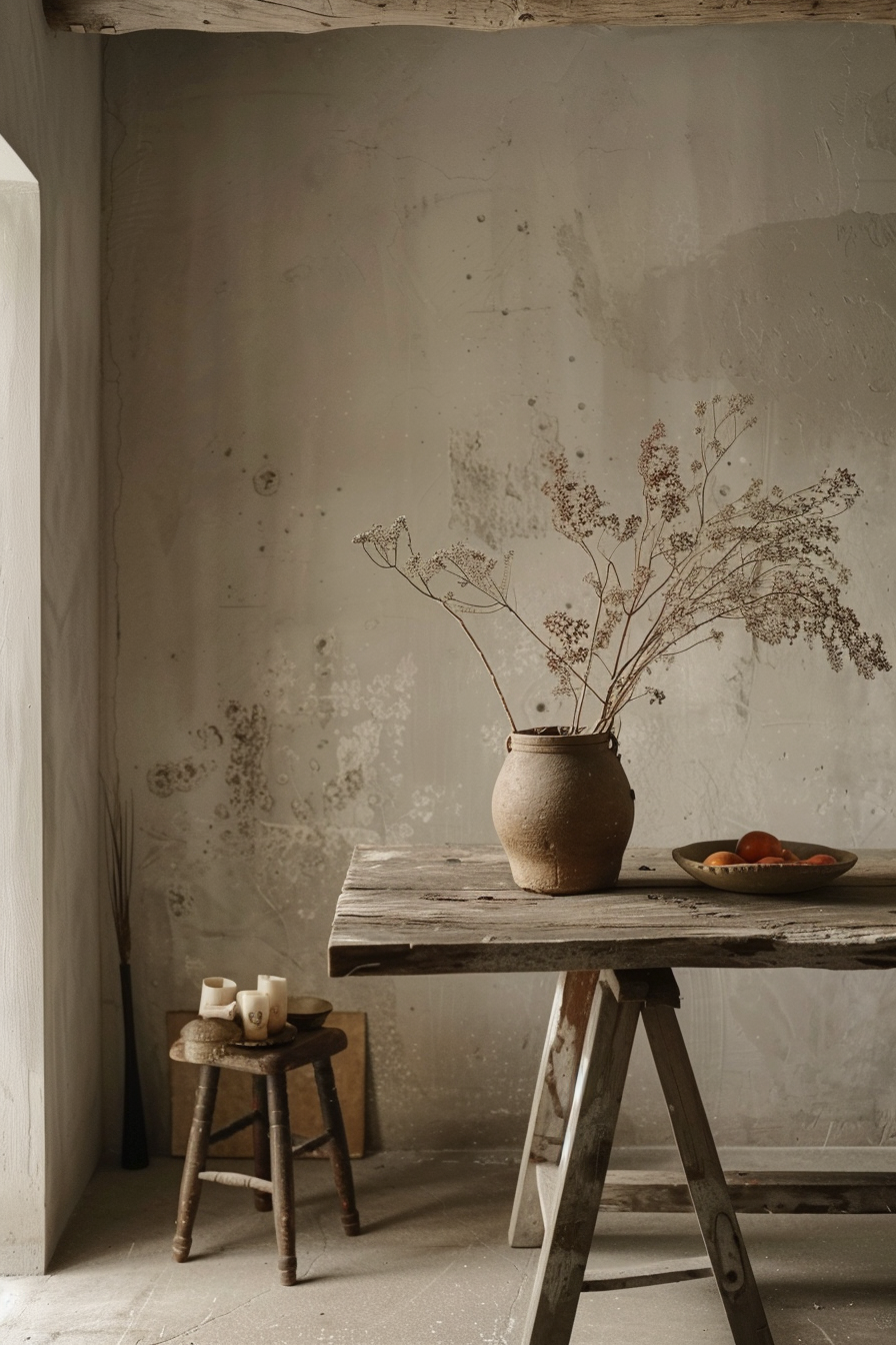 Rustic interior with a wooden table, a clay vase with dried flowers, a small stool with candles, and a bowl of fruit in a room with textured walls.