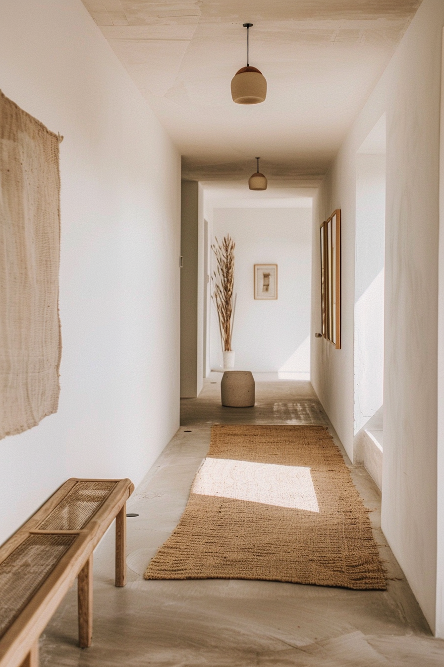 Alt text: Warmly lit corridor with minimalist décor, featuring a jute rug on the floor, wall art, potted tall grass, and hanging pendant lights.
