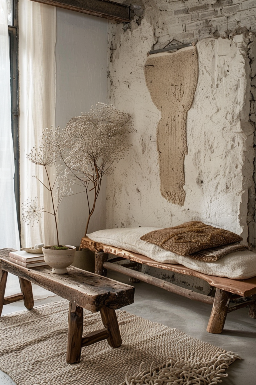 Rustic interior with a wooden bench, textured cushions, dried plants, and an exposed brick wall partially covered with plaster.