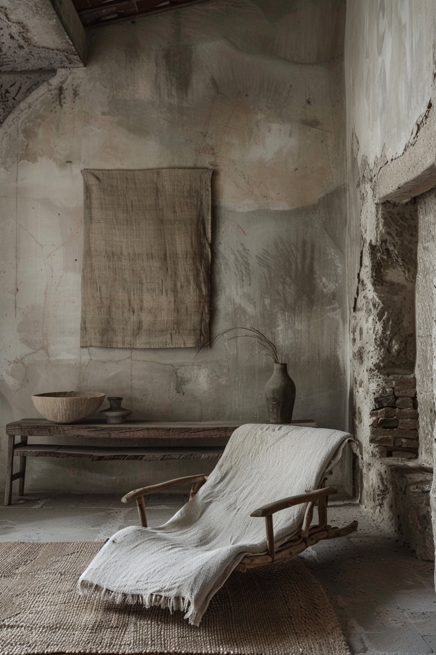 Rustic room with an antique wooden chaise lounge, woven rug, bench, and pottery by weathered walls draped in burlap.