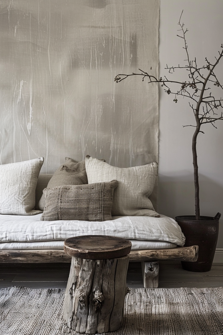 A rustic wooden daybed with neutral-toned cushions, a tree branch in a pot, and a wooden stool on a textured rug against a white draped cloth.