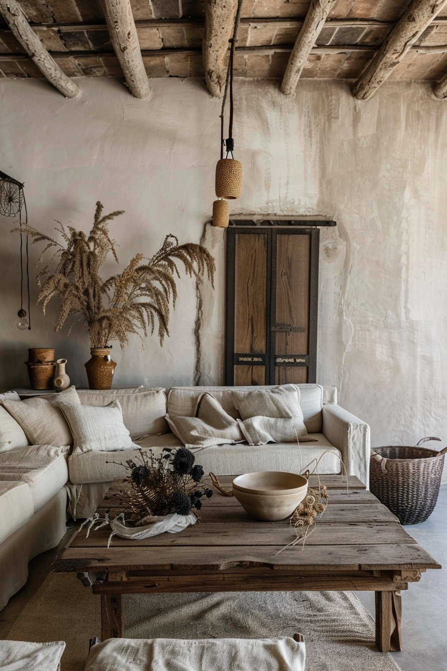 Rustic living room with beige couches, a wooden coffee table with dried flowers, and a textured white wall with wooden beams.