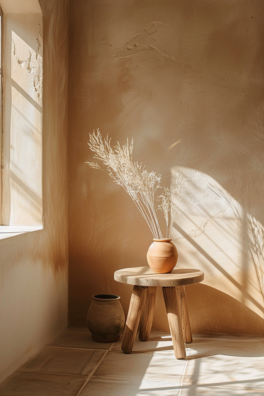 Warm-toned room with sunlight casting shadows, a wooden stool with a clay vase holding dried grass, and a small pot beside it.