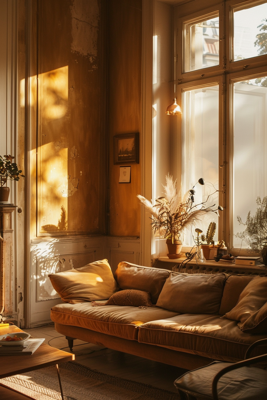Cozy living room bathed in warm sunlight with a comfortable leather couch, plants by the window, and a rustic vibe.