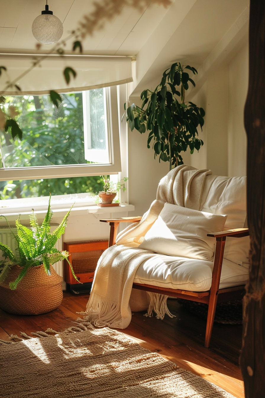 A cozy reading nook with a comfortable chair, warm throw blanket, a potted fern, and sunlight streaming through the window.