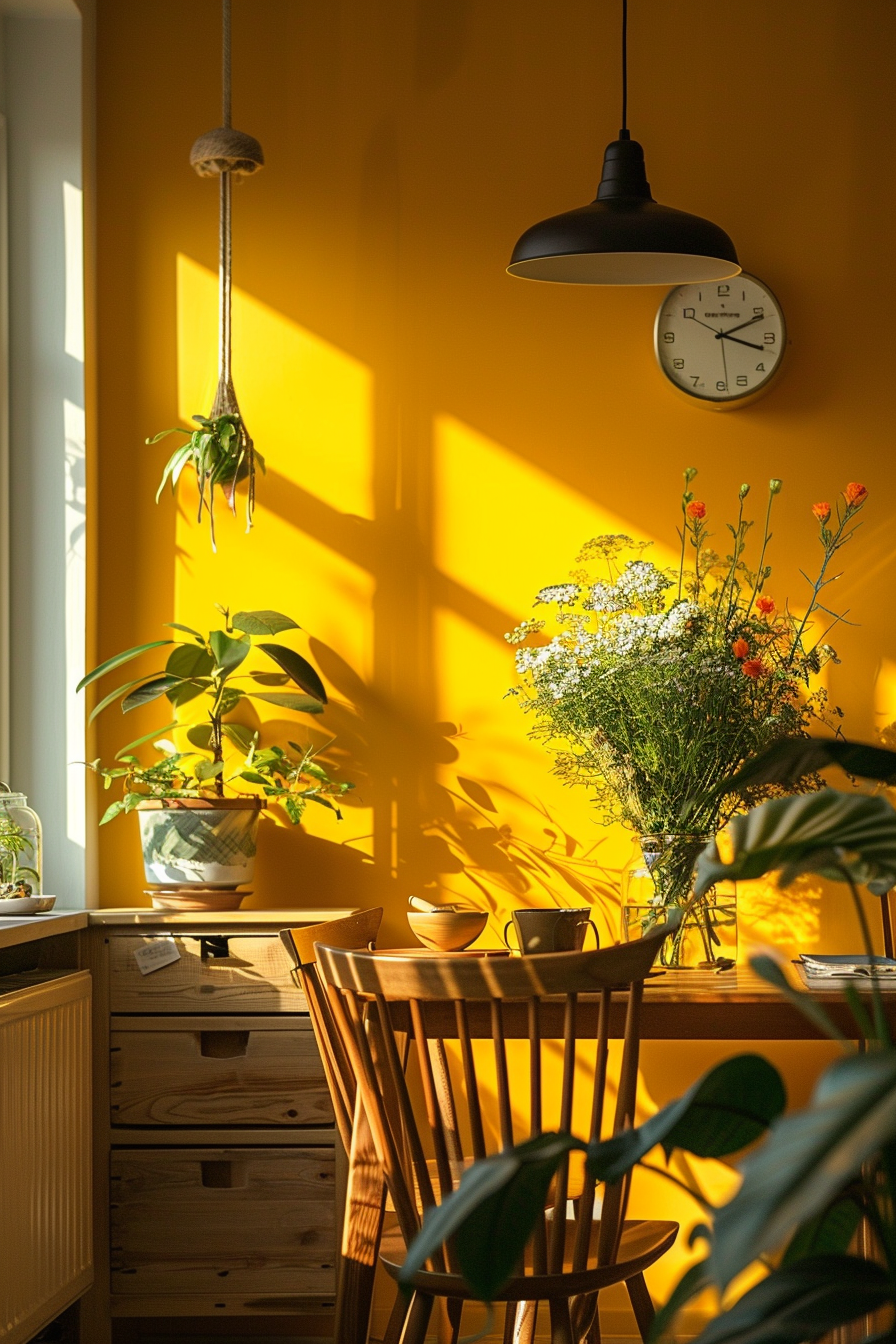 Cozy kitchen corner with warm sunlight casting shadows, a hanging plant, a clock, and a vase of flowers on the table.