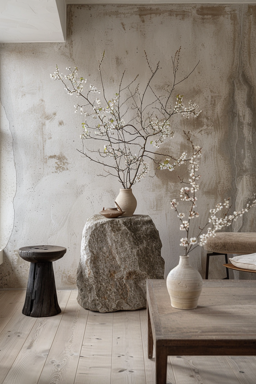 A serene room with a rustic aesthetic, featuring a large stone used as a stand for a vase with flowering branches.