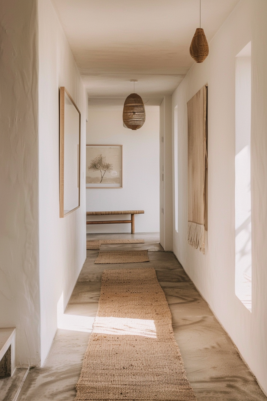 Warm-toned hallway with wicker pendant lights, natural fiber runners, a wooden bench, and minimalist wall art.