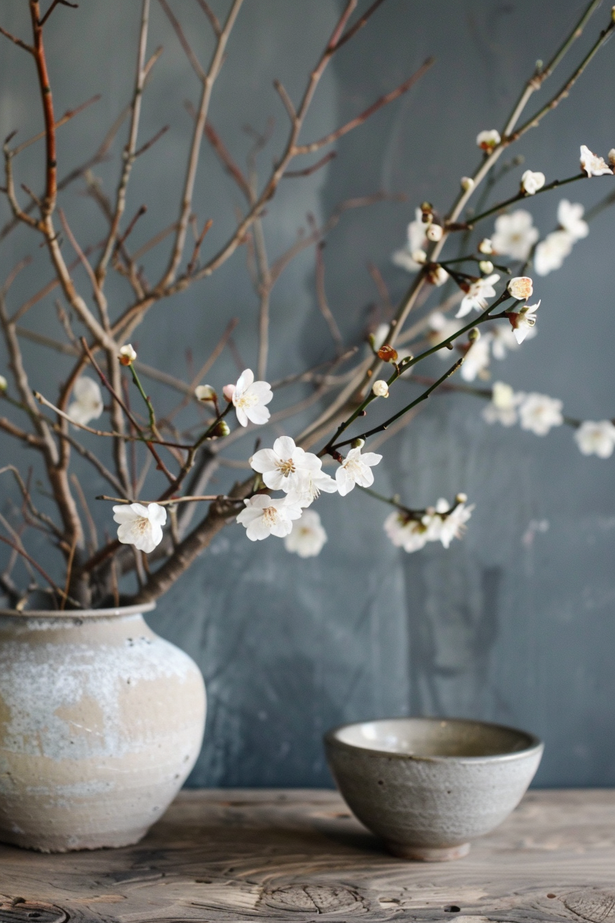 A vase with blooming cherry blossoms on a rustic table against a textured grey background, with an empty ceramic bowl nearby.