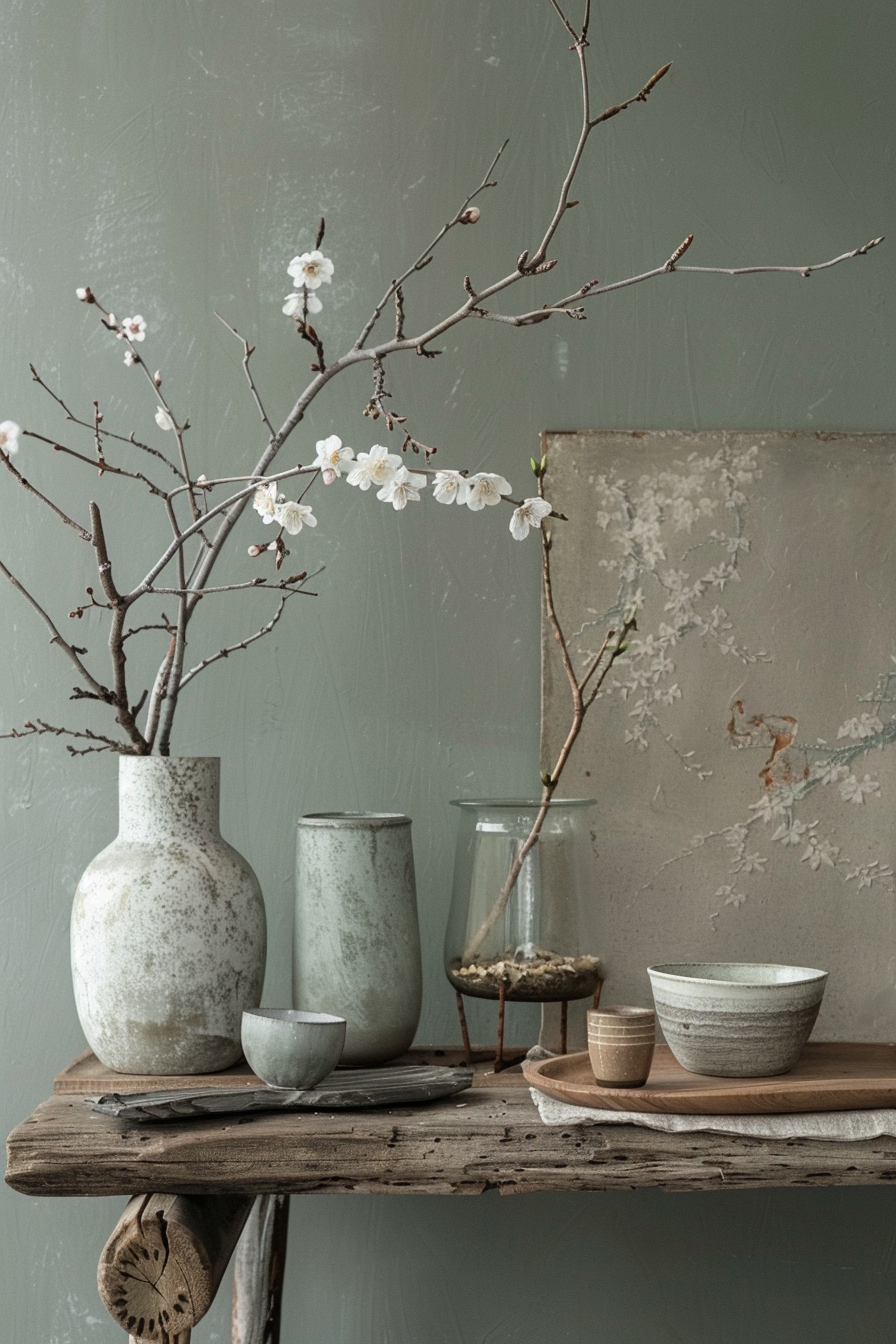 Rustic wooden shelf displaying ceramic vases and bowls with blossoming branches in a serene, textured setting.
