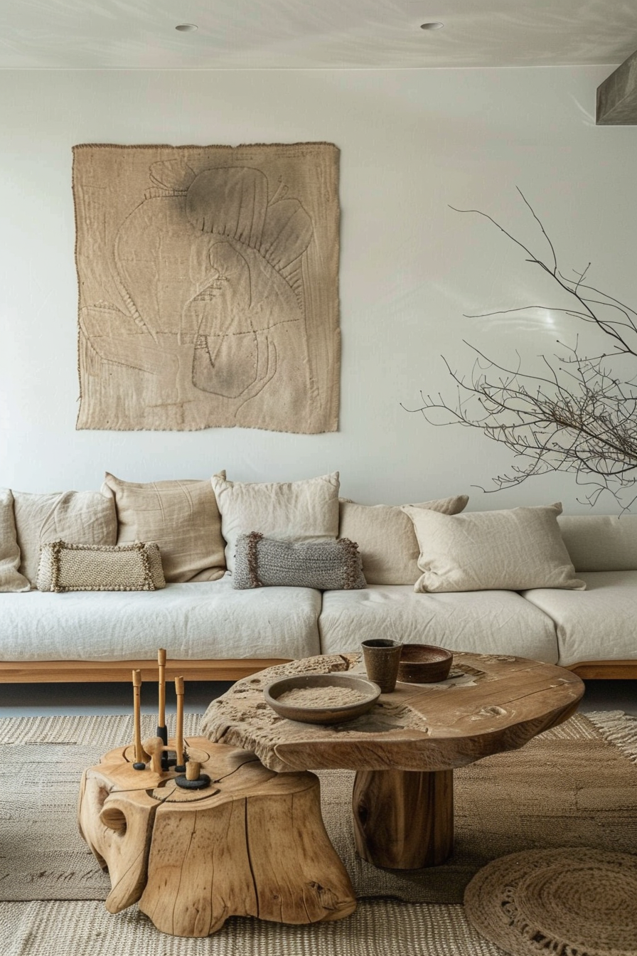A cozy living room with a neutral-toned sofa, wooden furniture, textured cushions, and a rustic wall tapestry.