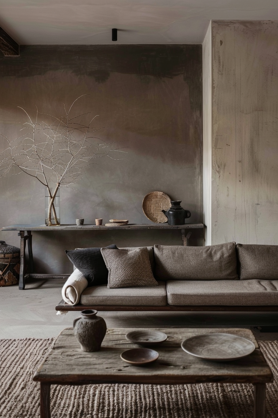 A cozy living room with a brown sofa, rustic wooden tables, and earth-toned decor against a textured brown wall.