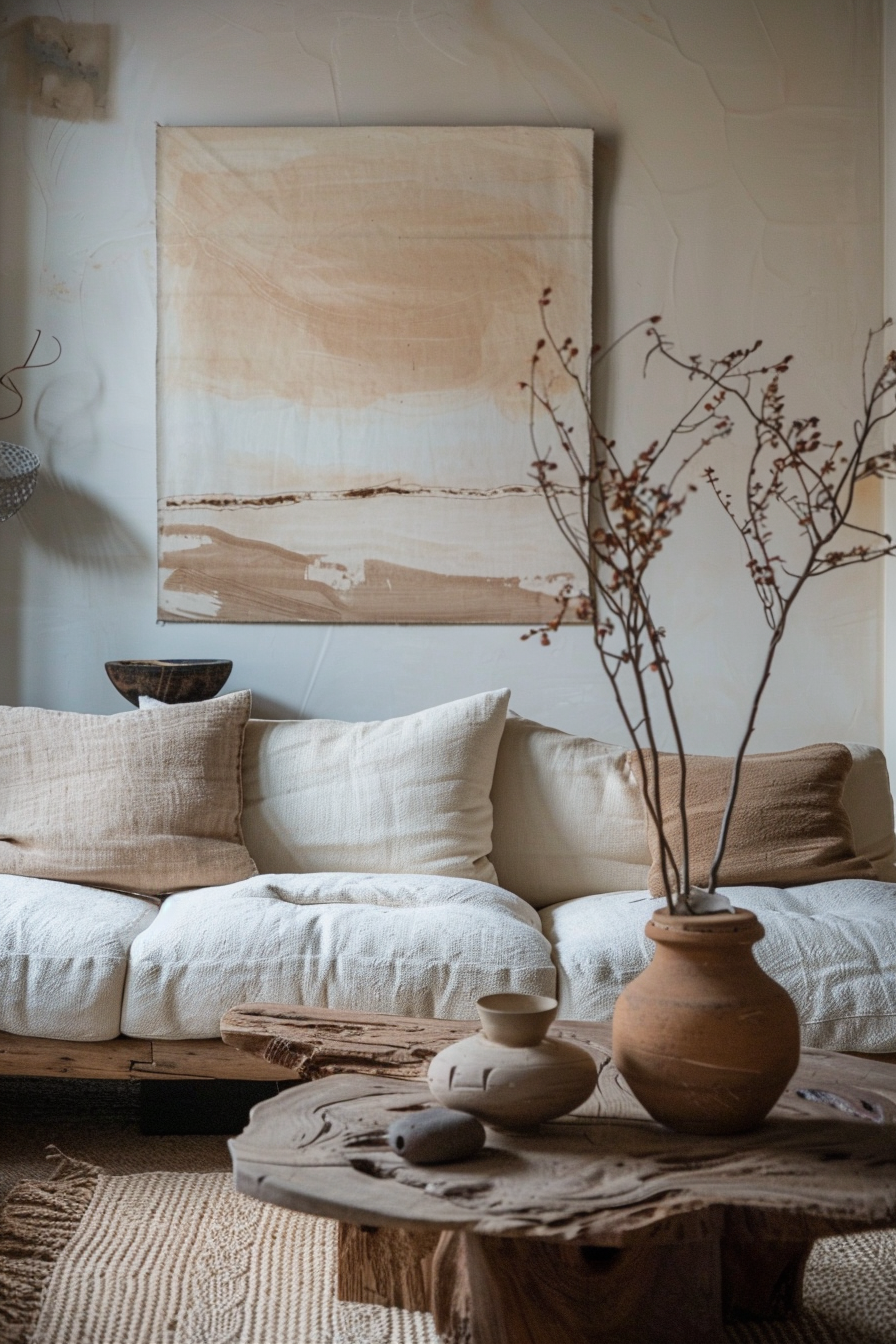 Cozy living room corner with a beige sofa, abstract wall art, rustic wooden coffee table, and decorative clay pottery.