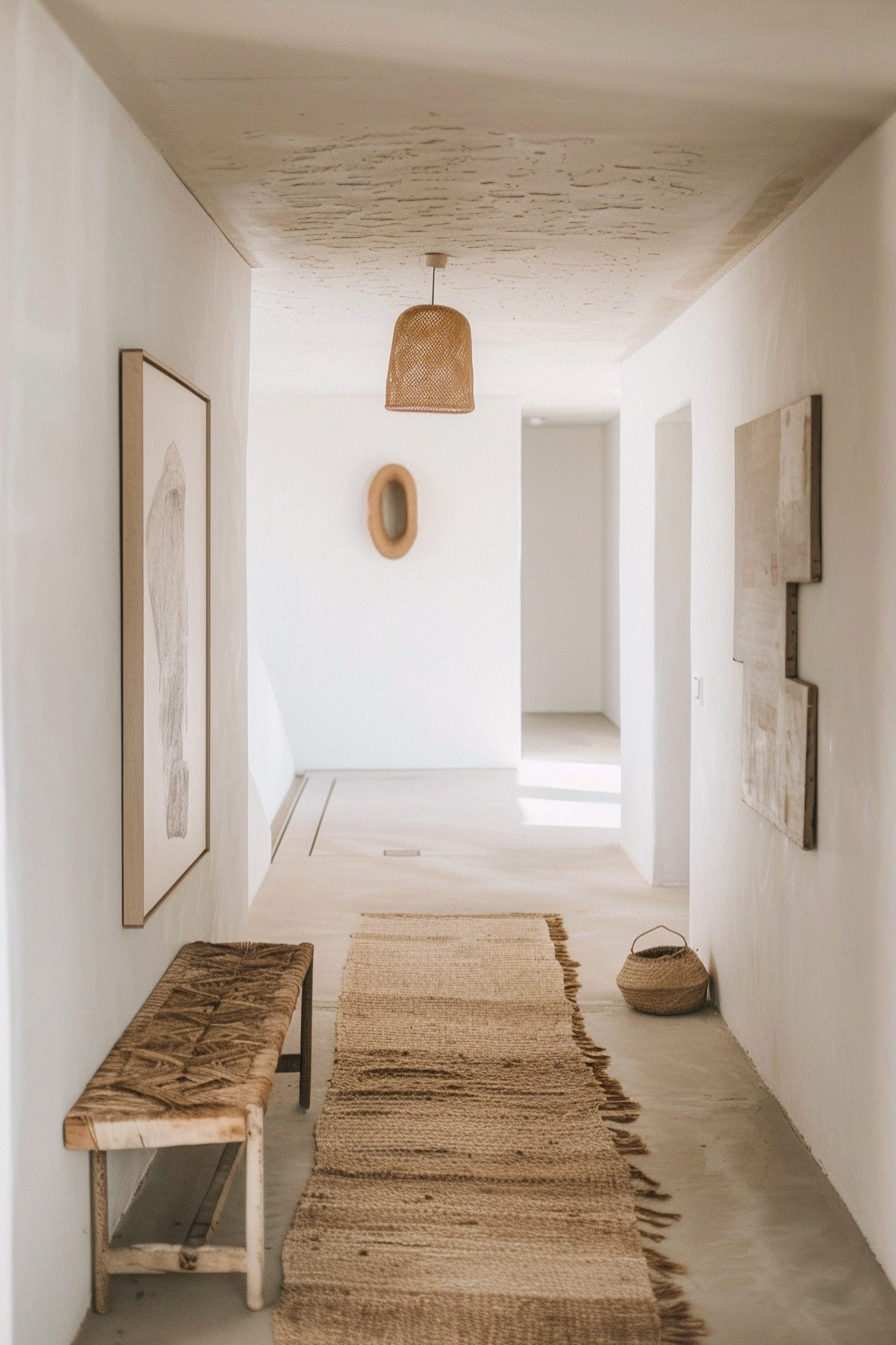 A minimalist hallway with textured rug, woven bench, pendant lamp, and framed artwork, conveying a serene, earth-toned aesthetic.