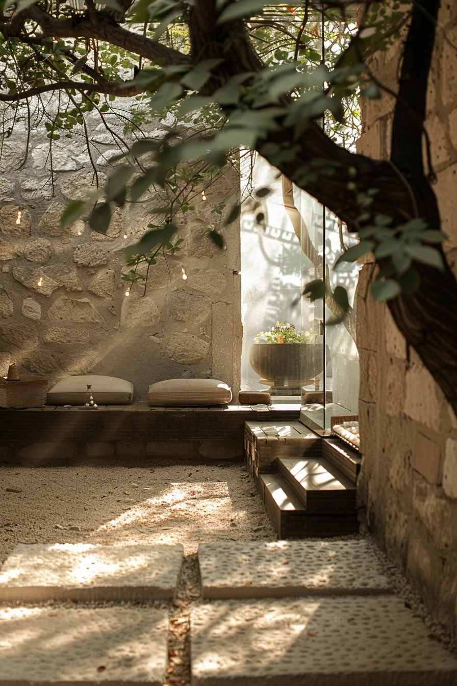 Alt text: Tranquil outdoor seating area with cushioned benches, soft lighting, and plants, framed by stone walls and dappled sunlight.