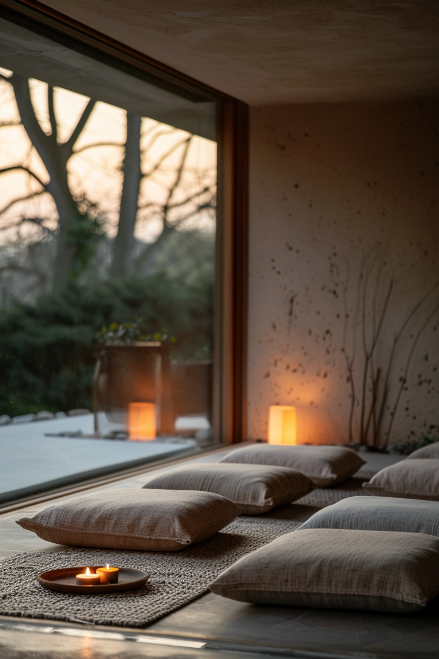 Cozy meditation space with cushions on a mat, candlelight, and a tranquil snowy view outside the window at dusk.