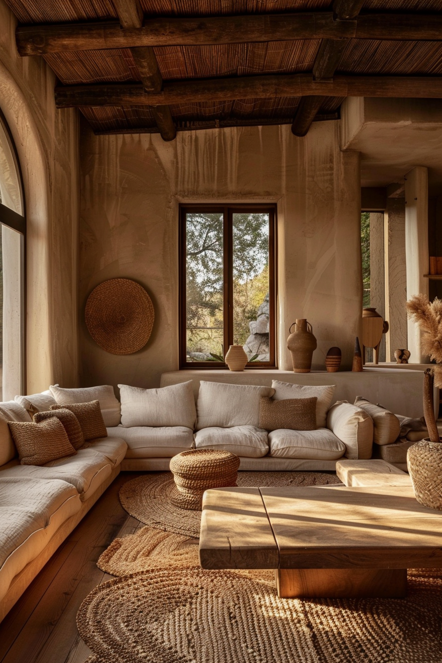 Cozy interior with neutral tones, featuring cushioned sofas, woven rugs, wooden table, and pottery decor, bathed in warm sunlight.