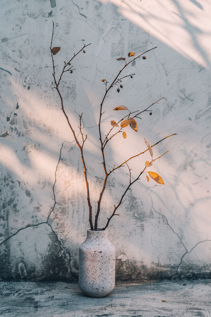 A slender, speckled vase sits on a textured surface, containing a few delicate branches with some sparse brown leaves against a wall with shadow patterns. Speckled vase on a textured surface with sparse-leaved branches, shadow-patterned wall background.