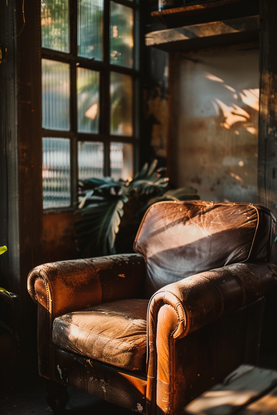 A worn brown leather armchair sits bathed in warm sunlight near a window with translucent glass panes. The room has an aged look, with a leafy plant visible in the background, and the setting sun casts long shadows and creates a peaceful, nostalgic atmosphere. Vintage leather armchair in sunlight by a window with plant shadows and a warm, serene mood.