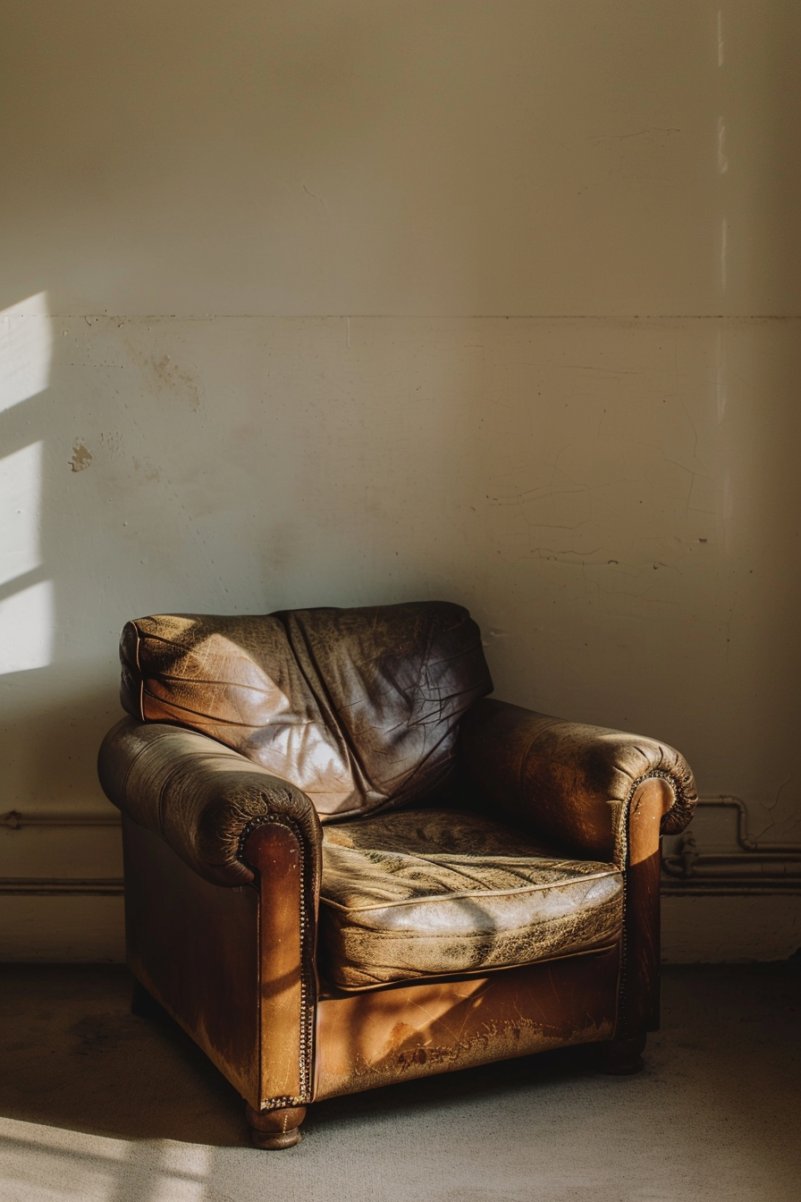 The photo shows a well-worn brown leather armchair bathed in natural sunlight beside a plain wall with some peeling and stains. The chair's aged appearance suggests it has been well used over time. Weathered brown leather armchair in sunlight against a textured wall.