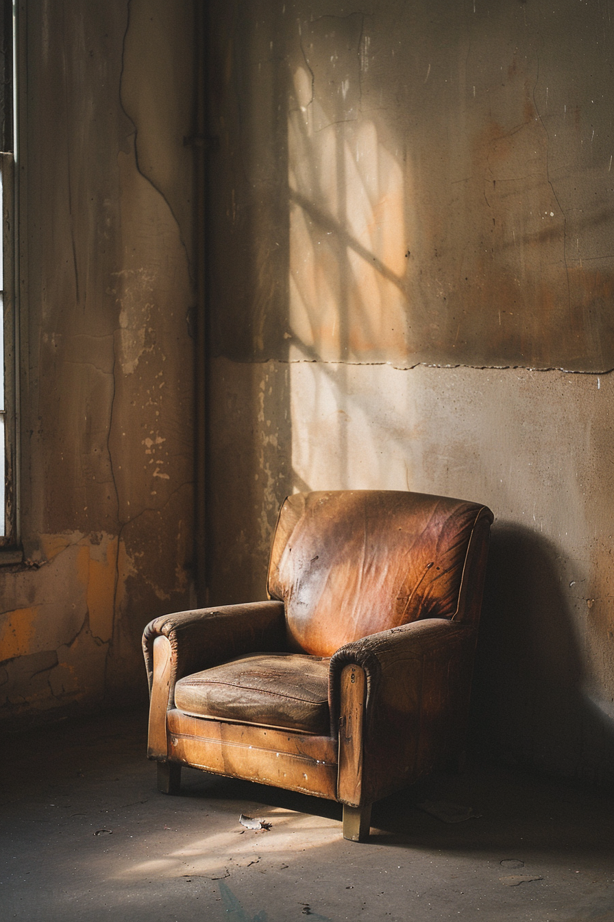 The scene shows a well-worn brown leather armchair in a room with peeling yellow walls, partially illuminated by sunlight casting shadows of window panes and branches. The room has a neglected feel, and the interplay of light and shadow adds a moody atmosphere to the setting. Weathered brown leather armchair in a room with sunlight casting shadow patterns on peeling walls.