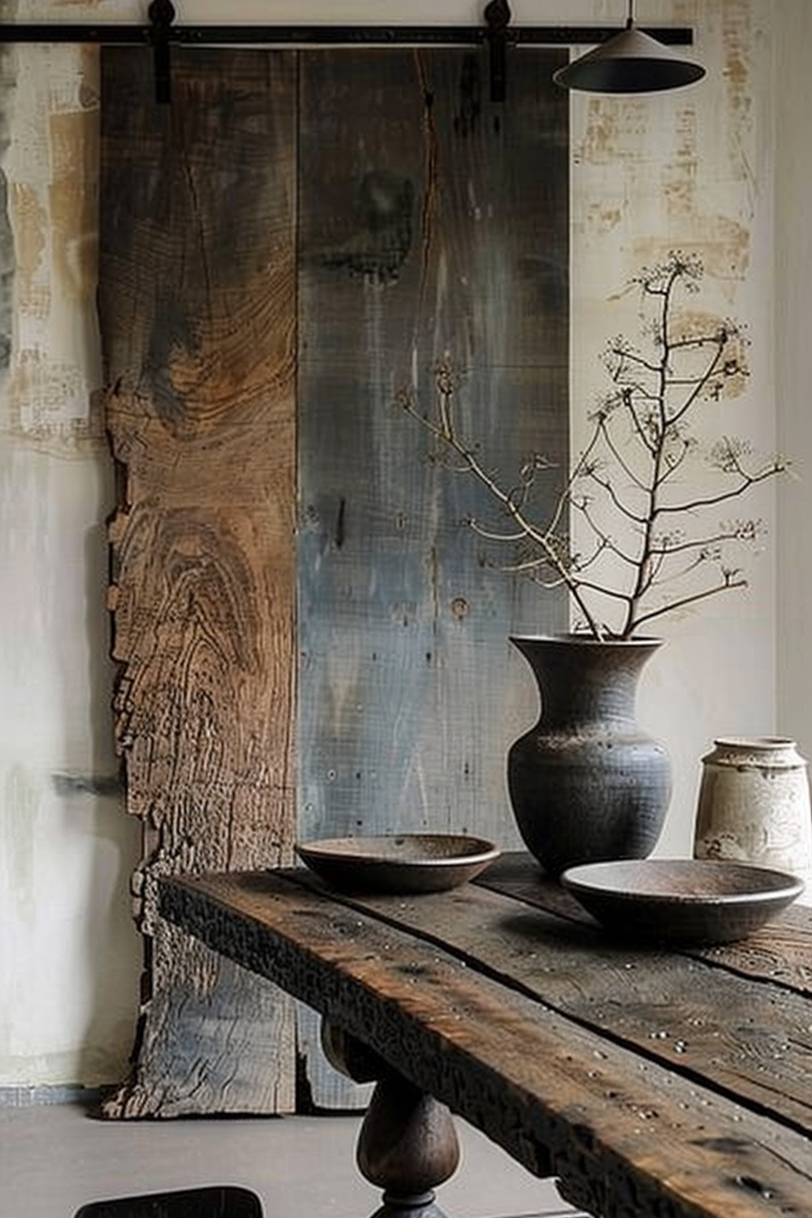 The scene is set in a room with rustic decor elements. A large, weathered wooden sliding door is mounted on a black track against a textured wall. The door's surface showcases the natural grain and knots of the wood, hinting at an aged appearance. A bare, industrial-style pendant light with a dark shade hangs from above, adding to the rustic aesthetic. In the foreground, there's a solid, rough-hewn wooden table showing signs of wear and age. It stands firmly on chunky legs that appear to be lathe-turned, with a prominent bulbous shape. On the table are two shallow bowls, one right-side-up and the other upside-down, both exhibiting a dark, possibly ceramic material with a simplistic design. Adjacent to these bowls is a large, elegantly shaped vase, crafted from a similar dark material. The vase holds a sprig of dried branches, adding an organic touch to the composition. In the background, beyond the sliding door, one can notice a partial view of a white container with a lid, suggesting that this setup might be part of a dining area or a space where decorative and functional items are displayed. Alt text: Rustic room with weathered wooden door, pendant light, and a table with dark ceramic bowls and vase.