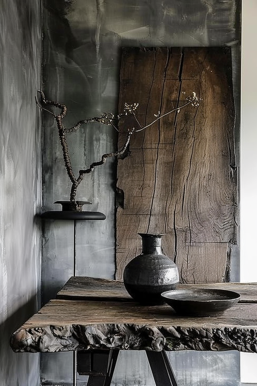 The composition presents a rustic wooden table with textured and rugged edges set against a backdrop of smeared grayish walls. The table exhibits a minimalist decor with a few black ceramic objects: a vase containing a curly branched plant, a shallow bowl, and a smaller dish on a shelf just above it. The interplay of rough textures and muted tones creates an ambiance of wabi-sabi, the Japanese aesthetic that finds beauty in imperfection. Rustic wooden table with black ceramic vase and branches, bowl, dish against a textured gray background.